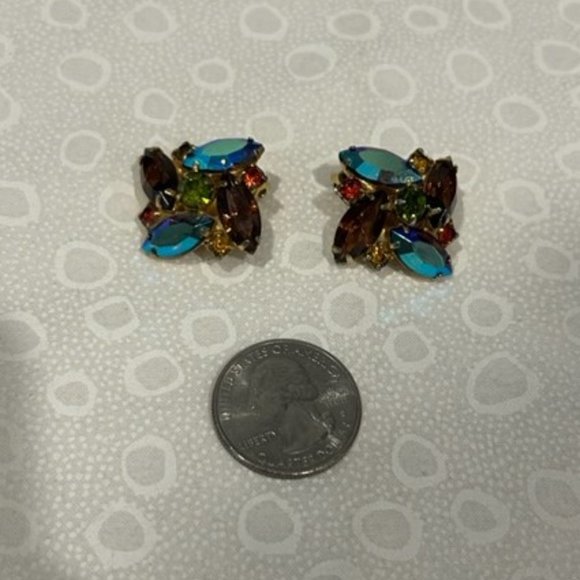 VTG Aurora Borealis AB Rhinestone Gold Earrings - Picture 7 of 8